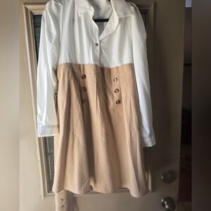 Unique Two-Tone Button-Down Tunic Top with Matching Belt White & Tan Colorblock